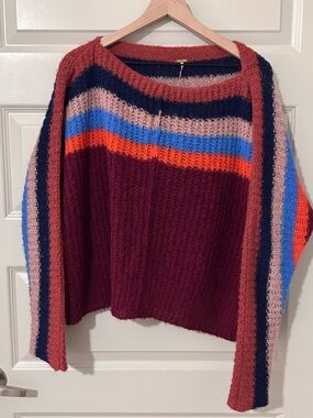 Free People Striped Crewneck Sweater in Burgundy, Rust & Navy